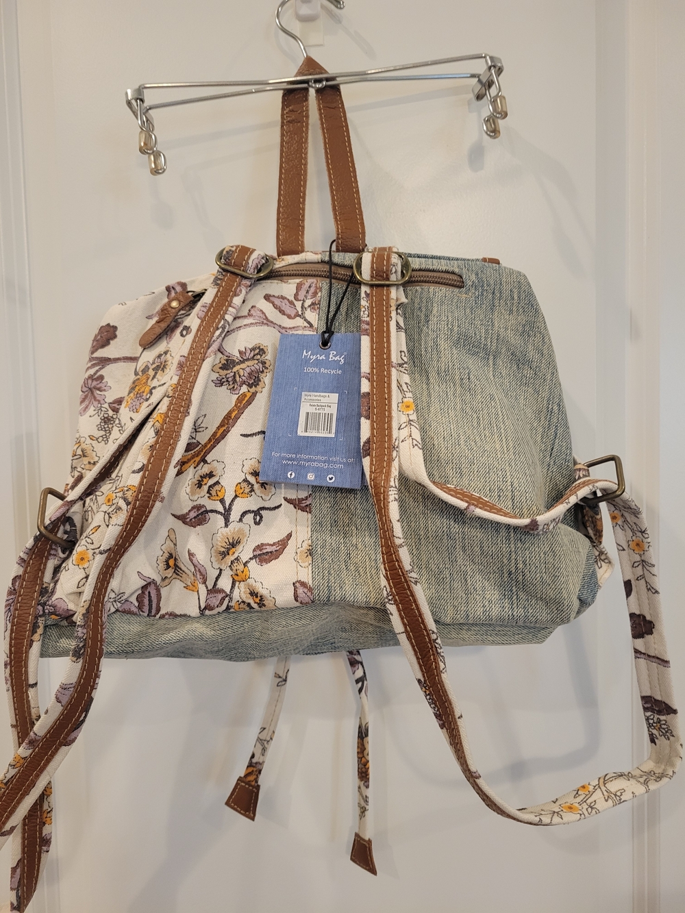 Myra Bag NWT Floral and Denim Canvas Medium Backpack Brown Leather Trim - Picture 4 of 12